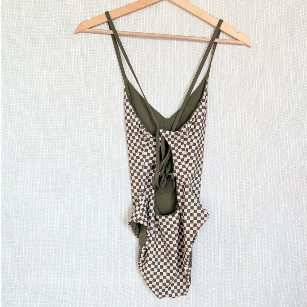 The Great Checkerboard One Piece Swimsuit Womens 0 Green Nylon V-neck - Picture 3 of 10